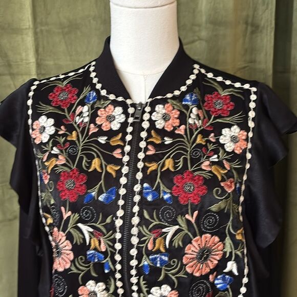 Zara viscose/cotton Floral Embroidered Black bomber Jacket, S - Picture 6 of 12